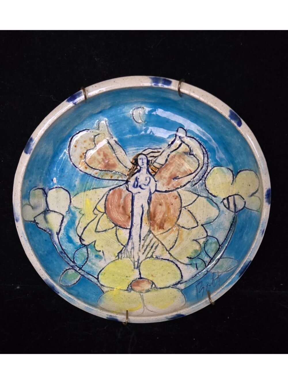 Hand-Painted Susan Bolt Pottery Art Plate With Fairy Figure & Floral Design Sign